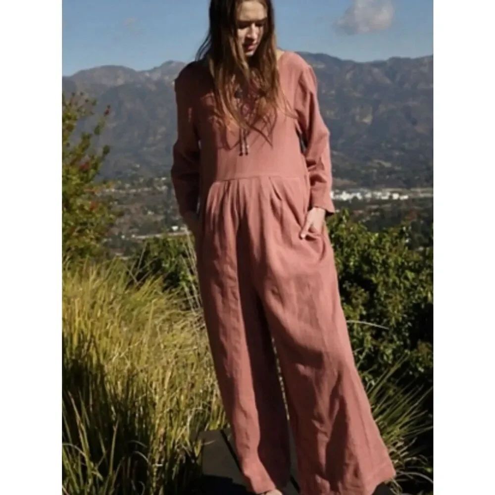 FREE PEOPLE Shiloh One Piece Jumpsuit Rose Smoke Linen Cotton